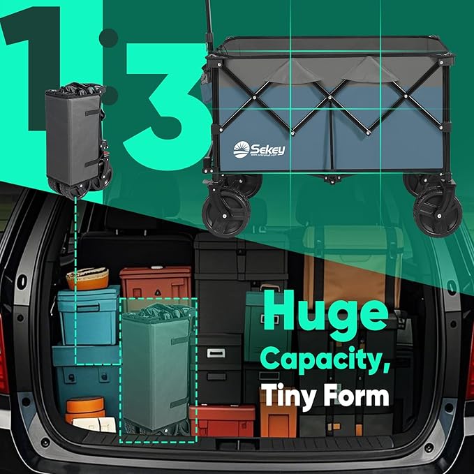 Collapsible Wagon Cart with Big All-Terrain Beach Wheels, Foldable Heavy Duty Wagons with Cup Holders, Utility Carts for Camping, Garden, Outdoor, Grocery, Sports. Blue & Gray