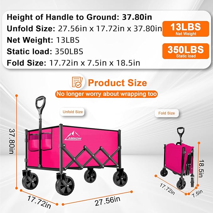 Collapsible Folding Wagon Cart, 350LBS Utility Large Capacity Cart Foldable Wagon with All Terrain Wheels, Grocery Wagons Carts for Garden Shopping Sports Camping, Rose