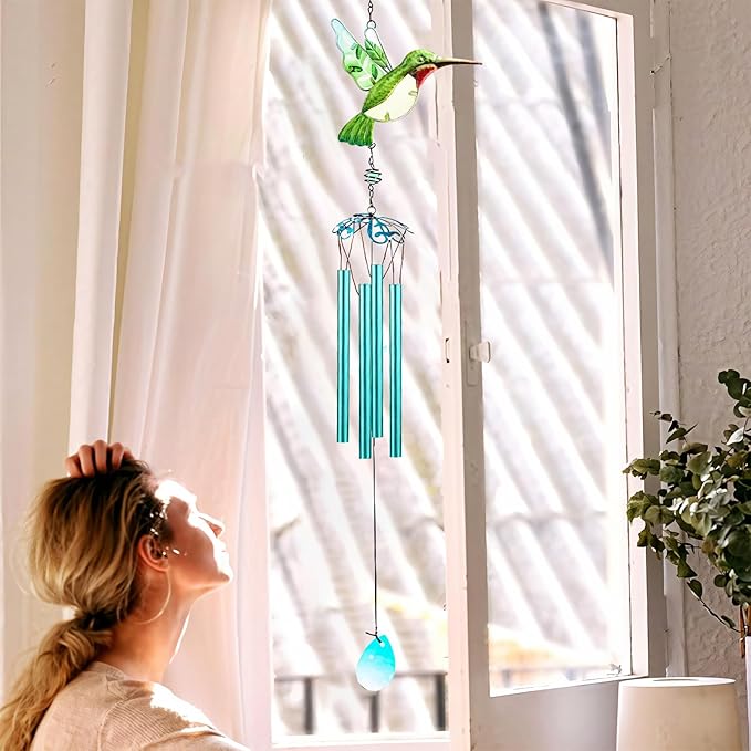 Green Hummingbird Wind Chimes, Wind Chimes for Outdoor, 26" Glass Painted Mobile Romantic Chimes, Patio, Balcony, Garden Decoration, Gifts for Mom & Women