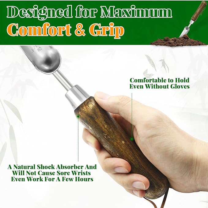 Narrow Stainless Steel Garden Trowel with Wood Handle - Heavy Duty Hand Shovel for Precise Planting, Weeding, Digging & Transplanting - Ergonomic Gardening Tool with Depth Markings