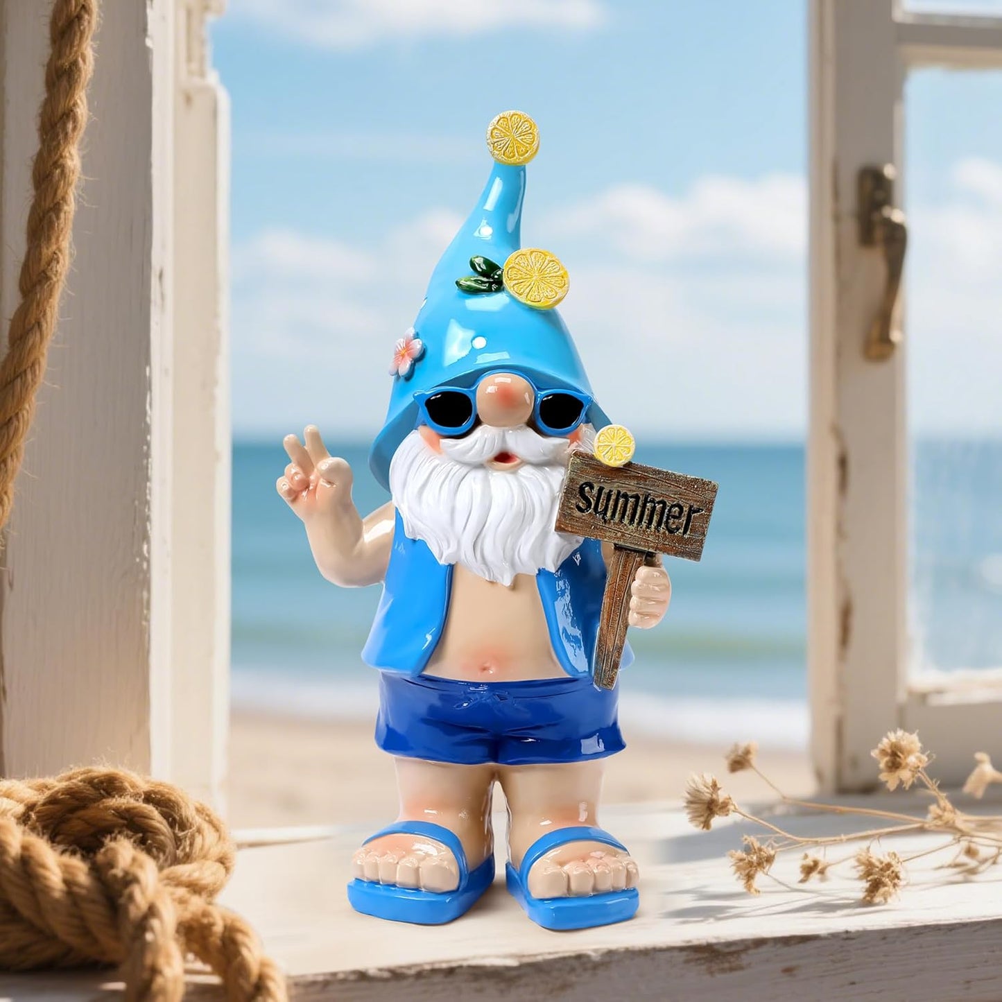 Outdoor Summer Gnomes Statue Beach Gnome Garden Decor for Outside, Beach, Yard, Lawn Ocean Sea Theme Home Decorations for Table, Shelf, Blue Gnome Figurine Funny Elf Gifts for Women