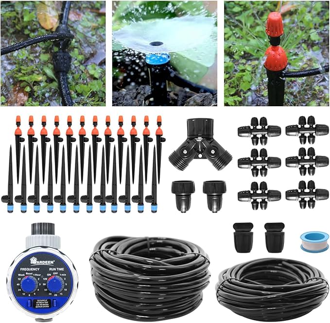 Micro Drip Irrigation Kit Automatic Garden Watering Misting System with 8/12 inch 4/7 inch Irrigation Tubing Hose and Water Timer for Greenhouse, Yard, Lawn