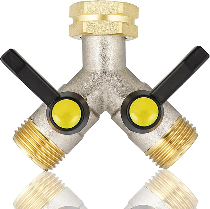 EJW Garden Hose Splitter 2-Way Heavy Duty, Y-Valve Garden Hose Faucet Splitter, 3/4” GHT Threads,Outdoor Faucet Splitter,Brass High Flow, Garden Hose Y-Splitter 2-Way,Y-Valve Full Flow Hose Splitter.