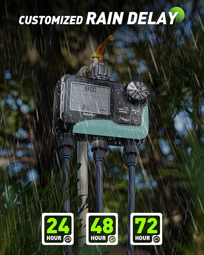 RAINPOINT Sprinkler Timer 3 Zone, Programmable Water Timer for Garden Hose,Hose Faucet Timer, Hose Timers for Watering with Automatic/Manual/Rain Delay/Watering Mode, IP65 Waterproof, Large LCD