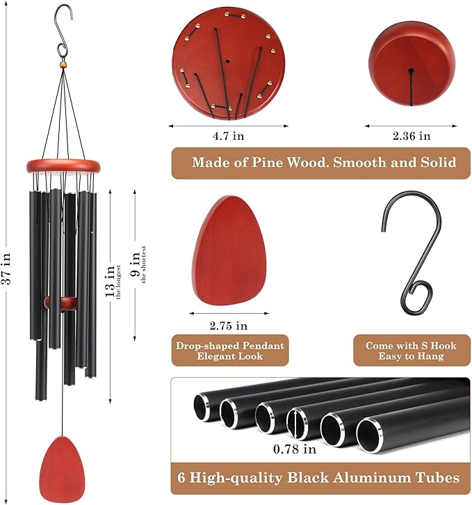 Classic Black Wind Chimes for Outside Soothing Melodic Wind Chime 37" to Create a Zen Atmosphere. Sympathy/Memorial Gift, Indoor Outdoor Garden Patio Decoration