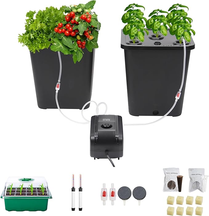 DWC 2 Hydroponic Buckets Kit for Plants, Hydroponics Growing System for Herbs/Tomato/Vegetables, DWC System with Air Pump & Germination Tray (Complete Indoor Hydroponic Gardening Supplies) (Black)