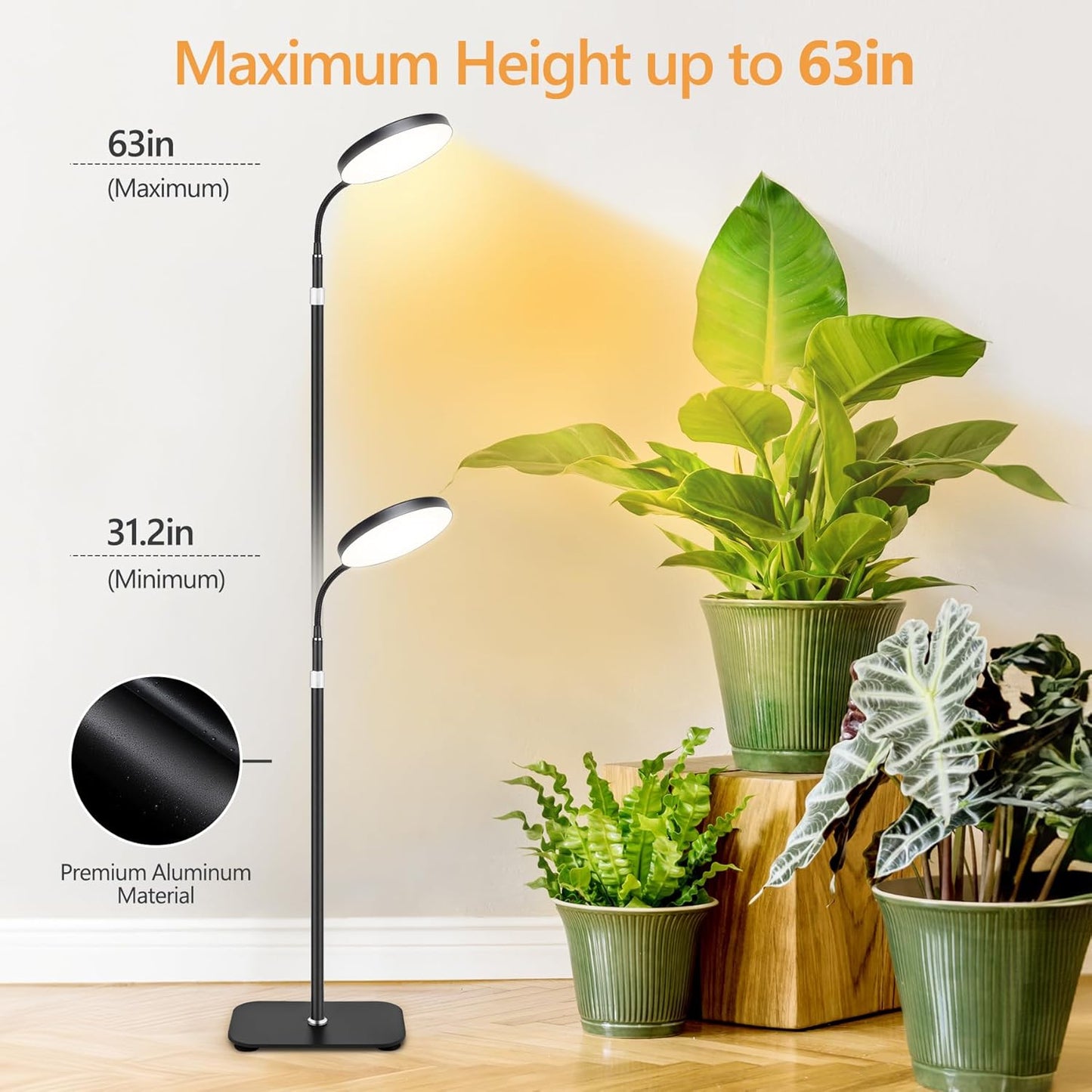 Grow Light for Indoor Plant, 20W Full Spectrum Round Growing Warm Lights,10 Dimmable Brightness,LED Floor Growing Lamp,Height Adjustable,Flexible Gooseneck,Automatic Timer for Large Tall Plants