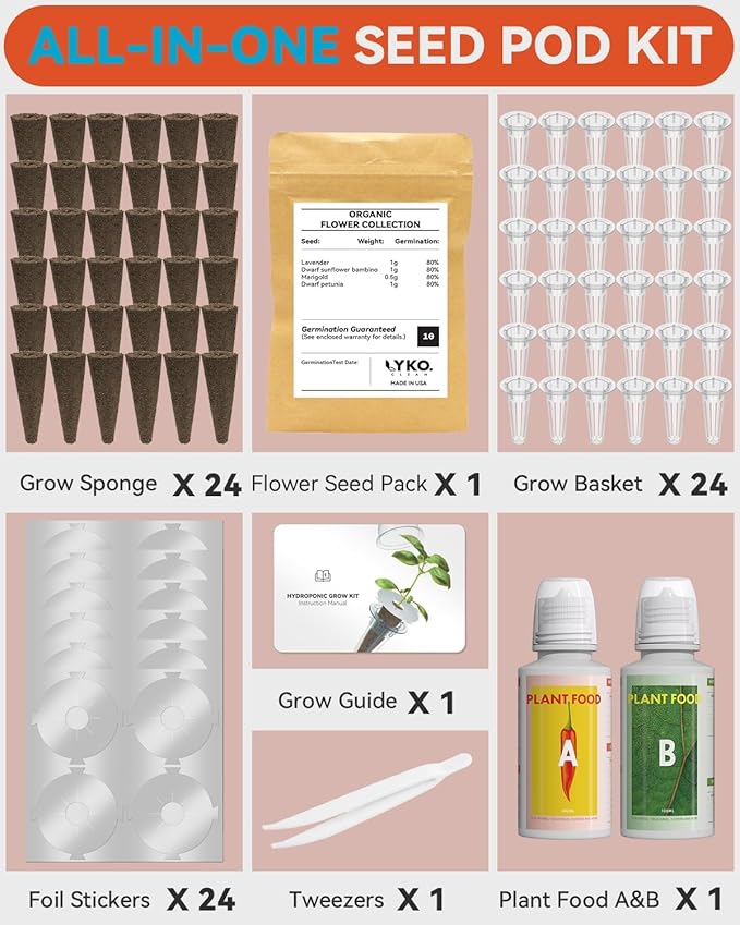 LYKOCLEAN 24 Pods Flower Seed Kit Compatible with AeroGarden Hydroponics Growing System, Indoor Garden Starter Set with Lavender, Sunflower, Petunia and Marigold