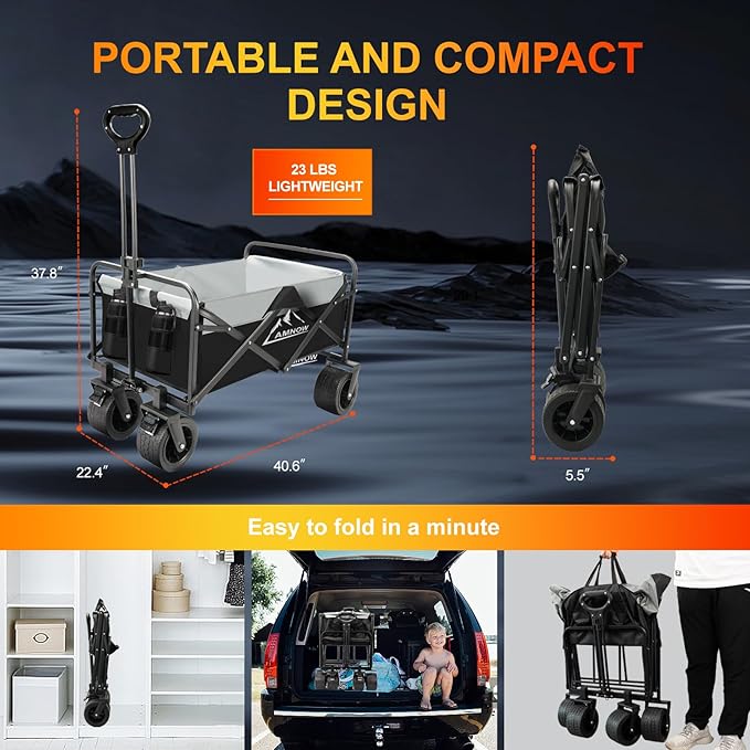 Collapsible Foldable Wagon, Utility Large Capacity Beach Wagon with Big Wheels, Shopping Cart with Side Pocket and Brakes for Sand, Garden, Grocery, Sports, Camping, Black