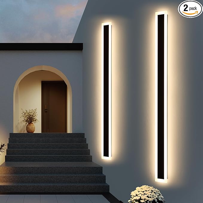 Upgrade Widened 2 Pack LED Outdoor Wall Lights, 71inch Modern Lighting Fixture, 3000K Warm White, IP65 Waterproof, 60W, White Acrylic, Black Minimalist Wall Mount Sconce for Balcony, Yard, Fence