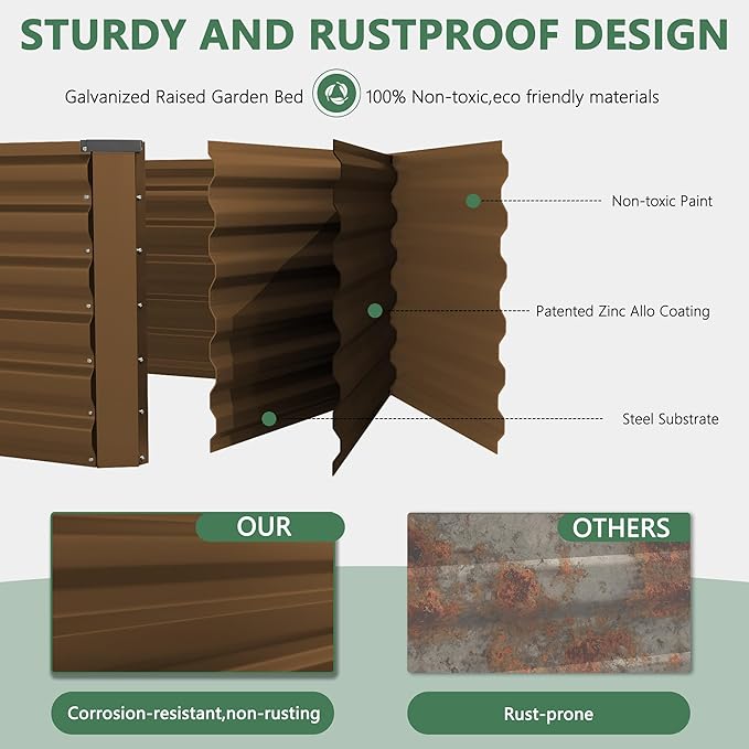 FOOWIN 2pcs 6x3x2ft Galvanized Raised Garden Bed, Planter Raised Garden Boxes Outdoor, Large Metal Raised Beds for Gardening, Garden Bed for Vegetables, Flowers, Herb,269 Gallon Capacity, Brown