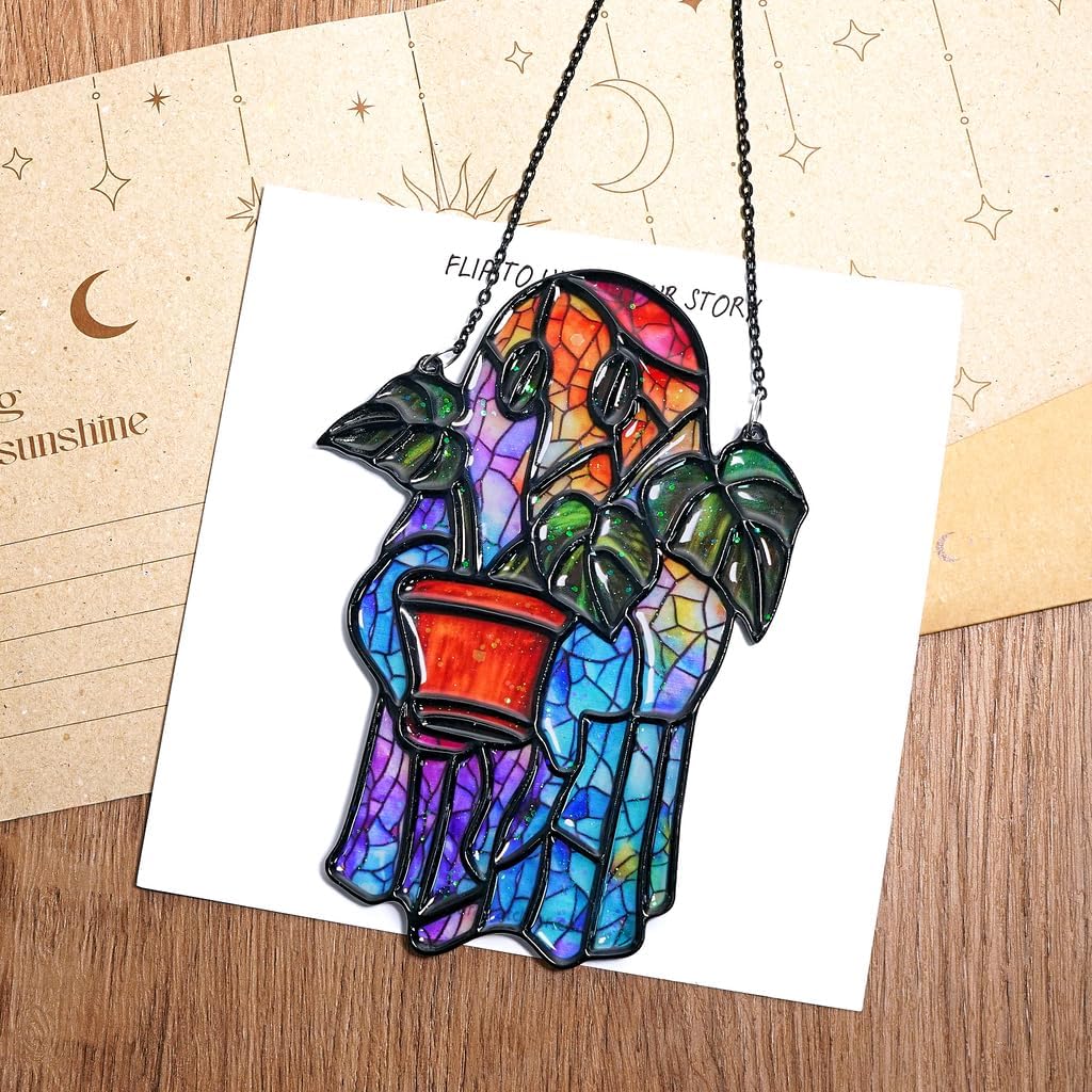 Ghost Monstera Handmade Artisan Resin Sun Catcher Stained Glass Effect Christmas Window Hanging Ornament Garden Decor