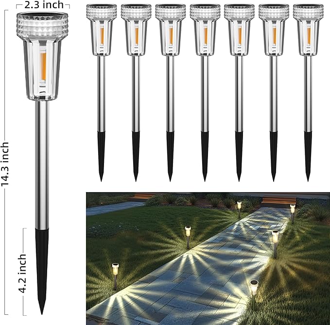 DERAYSION 12 Pack Solar Lights Outdoor, Solar Pathway Lights Auto Dusk-to-Dawn Landscape Garden Lighting, Waterproof Stainless Steel Pole Lighting for Path, Yard, Walkway, Garden, Driveway