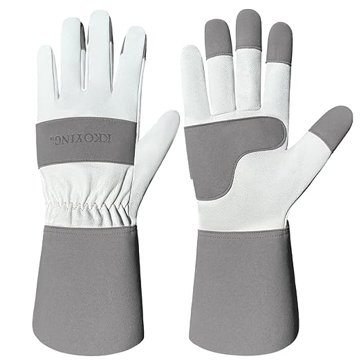 Gardening Gloves, Long Thorn Proof Garden Gloves for Women and Men, Goatskin Breathable Leather Work Gloves for Gardening, Pruning, Yard Work, Grey, L