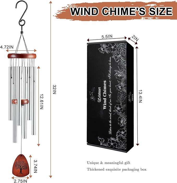 Wind Chimes for Outside, 32" Memorial Wind Chimes for Loss of Loved One Mother Father, Memorial Sympathy Gift Outdoor Garden Patio Decor, Bereavement Gift for Loss of Mom Dad (Classic Silver)
