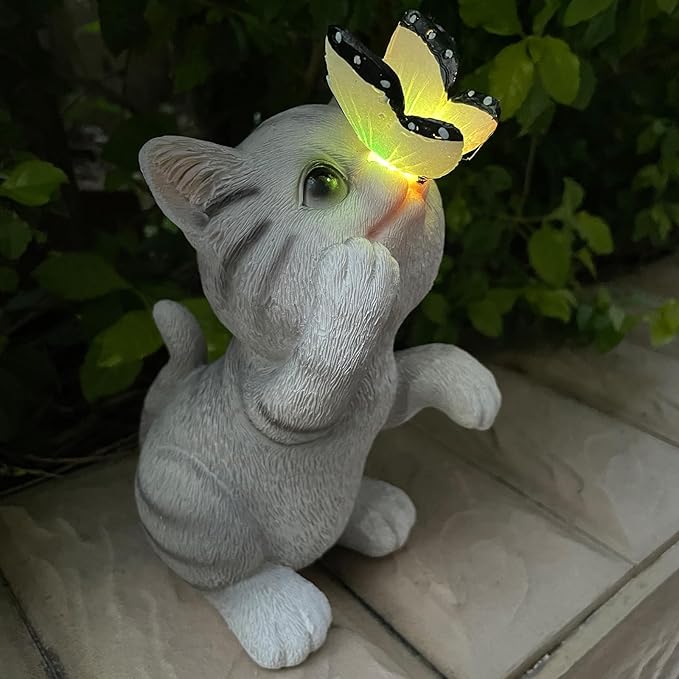 Solar Cat Outdoor Figurines Garden Decor with Butterfly Cat Statue Light for Lawn Ornaments Porch Patio Balcony Yard Decorations Outdoor Birthday Gifts for Women Grandma Mother’s Day