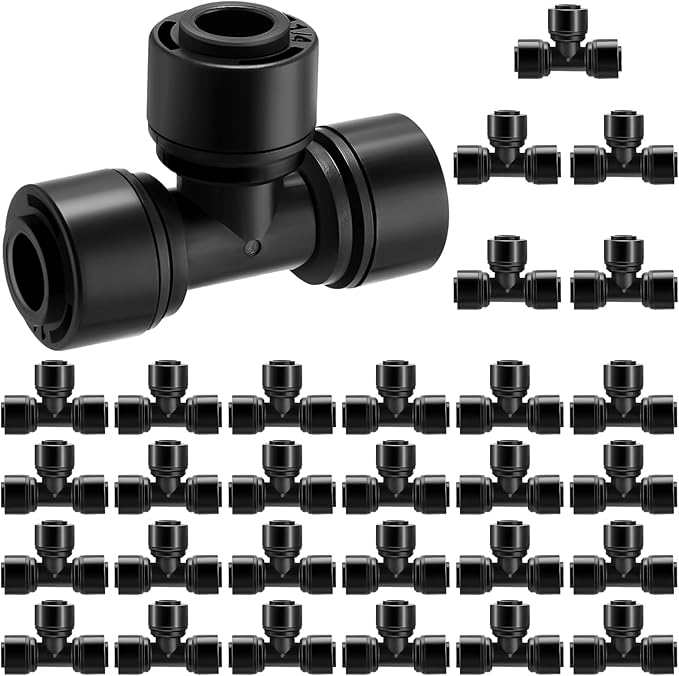 30 Pcs 1/4" Drip Irrigation Tee Connectors for Tube Quick Connect Parts Fittings for 1/4 Inch(6.35mm) Irrigation Tubing or Sprinkler(Black,Tee Connector)