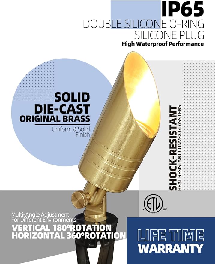 MALORY Brass Landscape Spotlight,12V AC/DC Low Voltage LED Landscape Lighting,Waterproof Spot Up Light for Garden,Patio and Yard (12-Pack with Bulb)