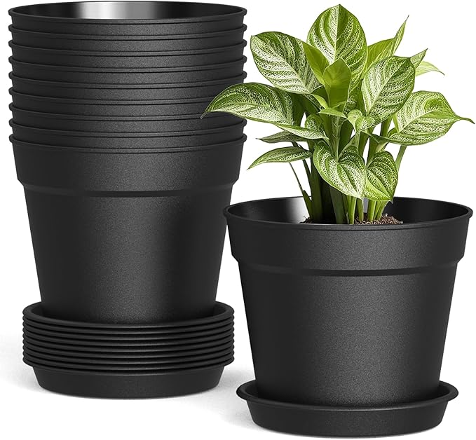 10 Pack 6 Inch Plant Pots with Drainage and Saucers, Black Plastic Flower Pots for Indoor and Outdoor Plants, Stackable Nursery Planters for Houseplants and Herbs, Black
