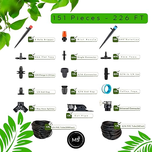 MS3 Drip Irrigation System Kit 226FT โ Automatic Garden Watering System with Adjustable Drippers, 5/16'' & 1/4'' Tubing, Easy DIY Installation for Greenhouse, Yard, Lawn & Potted Plants