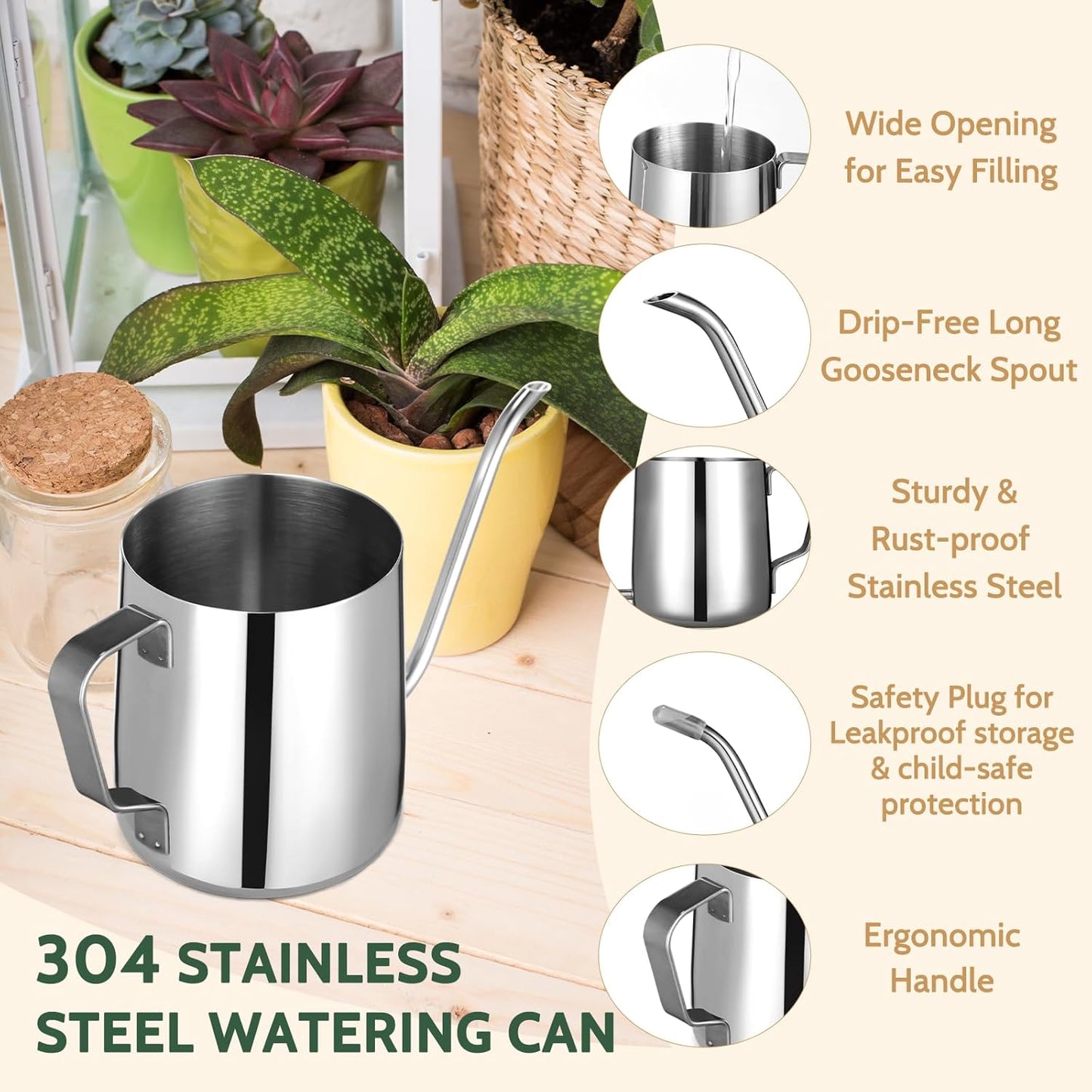Small Watering Can for Indoor Plants - 12 oz Mini Indoor Watering Can with Long Spout Gooseneck Rust-Proof Stainless Steel Tiny Watering Kettle for Small House Plants