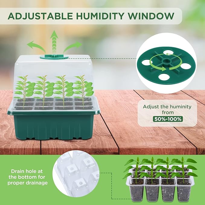 Seedfactor 7-Pack Seed Starter Tray with Heat Mat (12 Cells per Tray), Plant Germination Trays with Adjustable Humidity Dome Seed Trays Seedling Starter with Base Trays for Germination