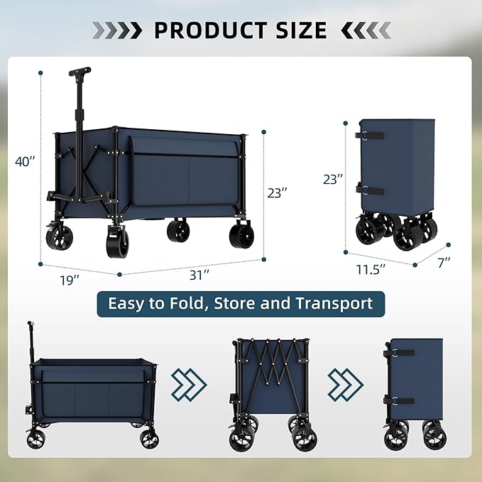Favoyard Collapsible Wagon Carts Foldable 150L & 360LBS Portable Folding Wagons with All-Terrain Wheels & Brakes Heavy Duty Outdoor Utility Cart for Beach Grocery Camping Shopping Sports Garden, Blue