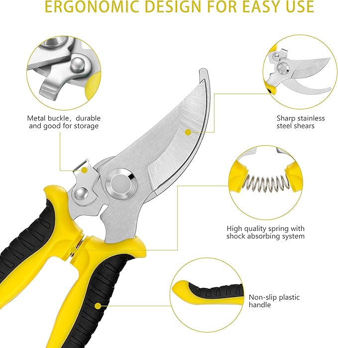 5 pack Garden Pruning Shears Stainless Steel Blades, Handheld Scissors Set with Gardening Gloves,Heavy Duty Garden Bypass Pruning Shears,Tree Trimmers Secateurs, Hand Pruner (Yellow and Black)