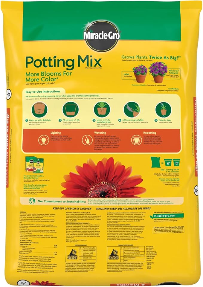 Miracle-Gro Potting Mix, For Container Plants, Flowers, Vegetables, Shrubs, Annuals, Perennials, Feeds up to 6 Months, 1 cu. ft., 2-pack