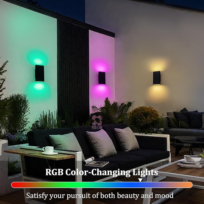 10" RGB Modern Outdoor Wall Light Color Changing Outdoor Sconce Lights with Remote Control or App Control, Black Up and Down Exterior Lighting Fixtures for House Garage Patio Porch