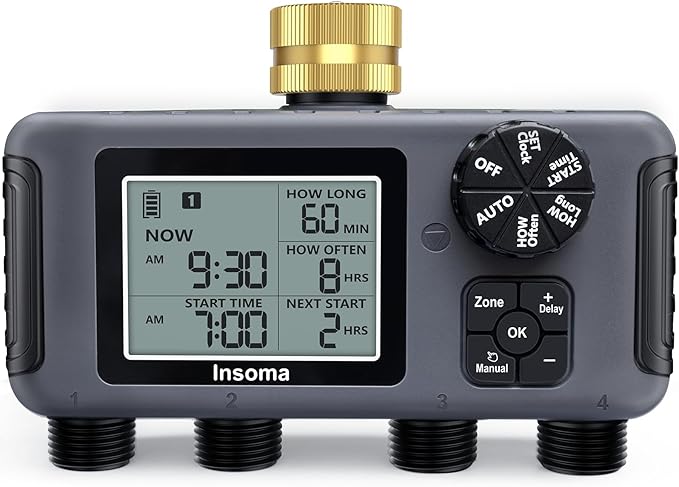 Insoma Water Timer with Brass Inlet, 4 Independent Zones Outdoor Hose Timer for Garden Faucet with Auto/Manual/Rain Delay Mode, IPX5 Waterproof, Sprinkler Irrigation Controller for Yard Lawn