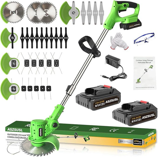 Electric Weed Wacker, 21V Grass Trimmer Cordless with 2 Battery and Charger 5 Types 26Pcs Blade 3 in 1 Weed Trimmer Lawn Edger Brush Cutter for Lawn Yard Garden