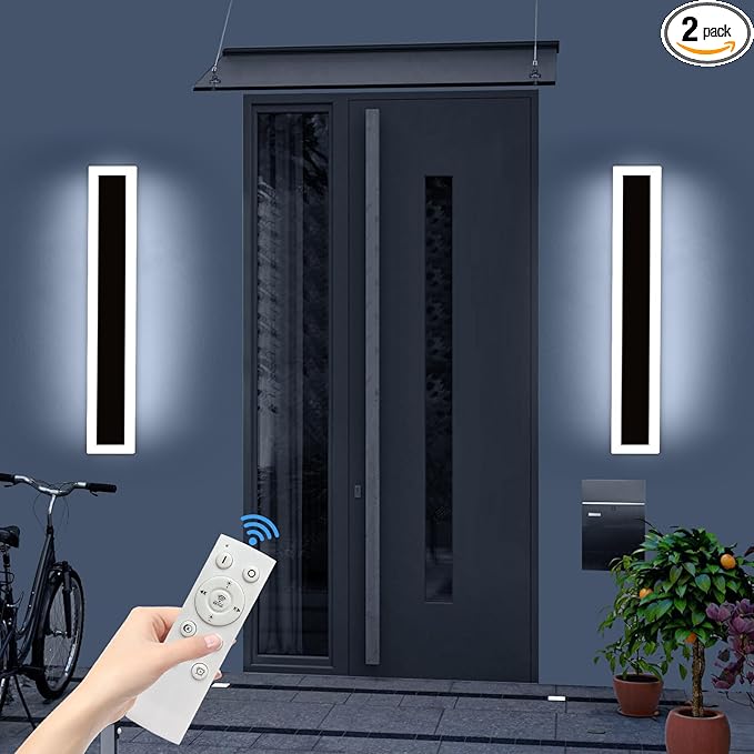 Upgrade Widened 2 Pack 23.6inch Outdoor Wall Sconce, Dimmable Modern LED Wall Light, 3000K-6000K, IP65 Waterproof, Black Wall Mount Lighting for Exterior Home, Porch, Garage with Remote Control