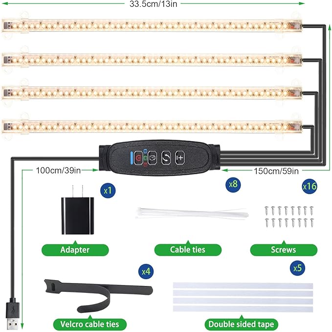LED Plant Growing lamp Strips, Full Spectrum 3500K Grow Light for Indoor Plants with 3/9/12H Timer and 10 Dimmable Levels for Green House Hydroponics Succulent,4 Head 13 Inches