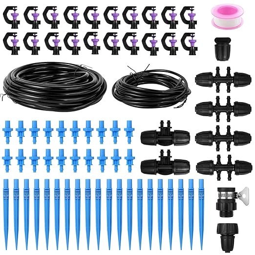 Drip Irrigation System Kit - Automatic Garden Watering System with G Type 360° Rotating Micro Sprinkler Heads & 33FT 8/11mm & 16FT 4/6mm Irrigation Tubing for Garden, Lawn, Greenhouse, Yard, Plant