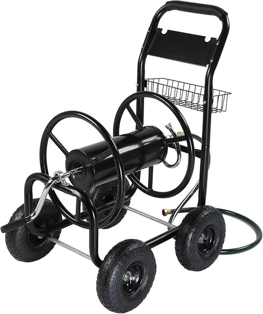 VINGLI 4-Wheel Garden Hose Reel Cart with Storage Basket, Portable Residential Hose Reel Cart, Lawn Watering, for Garden Backyard and Farm