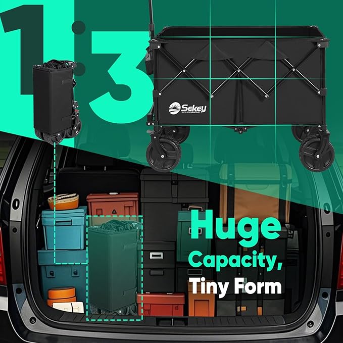 Collapsible Wagon Cart with Big All-Terrain Beach Wheels, Foldable Heavy Duty Wagons with Cup Holders, Utility Carts for Camping, Garden, Outdoor, Grocery, Sports. Black