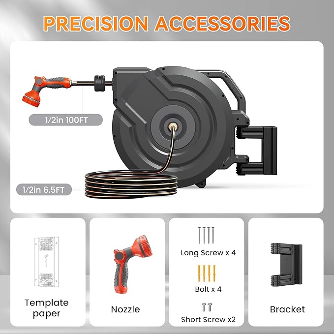 NEOTEC Retractable Garden Hose Reel 1/2 inch x 100ft - Wall Mounted Heavy Duty Hose Reel with 3/4 Inch Brass Fittings & 9-Pattern Nozzle - Auto Rewind System, Any Length Lock, 180° Swivel Bracket