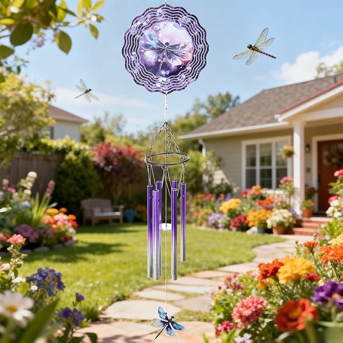 Dragonfly Wind Chime Outdoor - Metal Windchime with Spinners Dragonflies Gifts for Women Garden Patio Yard Home Decor Outside Indoor Hanging Decorative Christmas Thanksgiving Birthday Gift