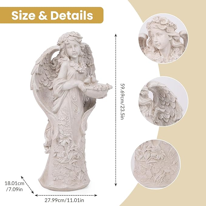 Hanna Roberts Outdoor Statues Angel Décor Garden Statue,23.5" H Angel Statue, Resin Angel with Bird Figurine,Gifts for Women and Men,Outdoor Garden Decor Ornaments for Outside (White)