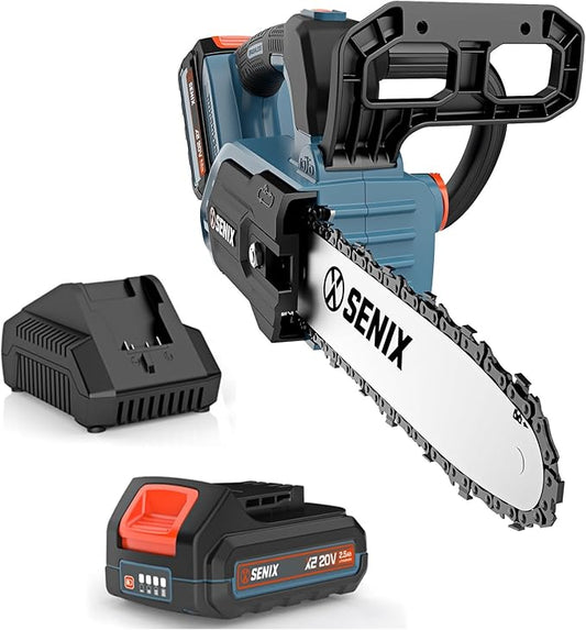 SENIX Chainsaw Cordless, 20V 10" Battery Chainsaw, Brushless Chain Saw, Includes 2.5Ah Battery & Charger, Garden Tool for Tree, Pruning, Branch Cutting, Yard, Fathers Day Gift, CSX2-M1
