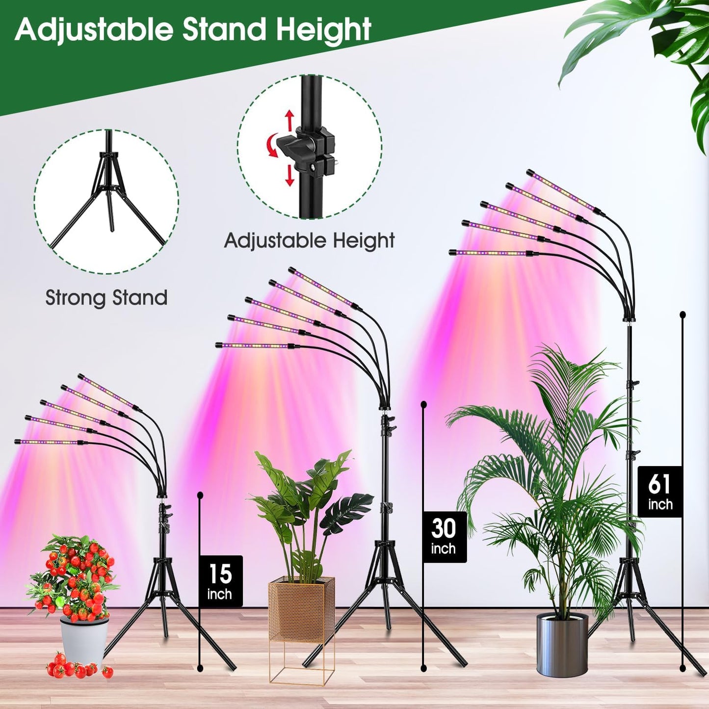Wolezek Grow Lights for Indoor Plants, 2 Pack Full Spectrum Plant Light with Adjustable Stand, 5-Head LED Grow Light with Auto 6/12/16H Timer, 5 Brightness Levels, Ideal for Large & Tall Plants