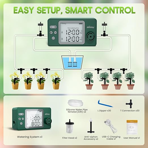 Automatic Watering System Dual Pump for Indoor Plants, Built-in Rechargeable Battery, Two Independent Water Zones, Worry-Free Vacation Drip Irrigation Kit, Water-Saving Smart Plant Waterer, Green
