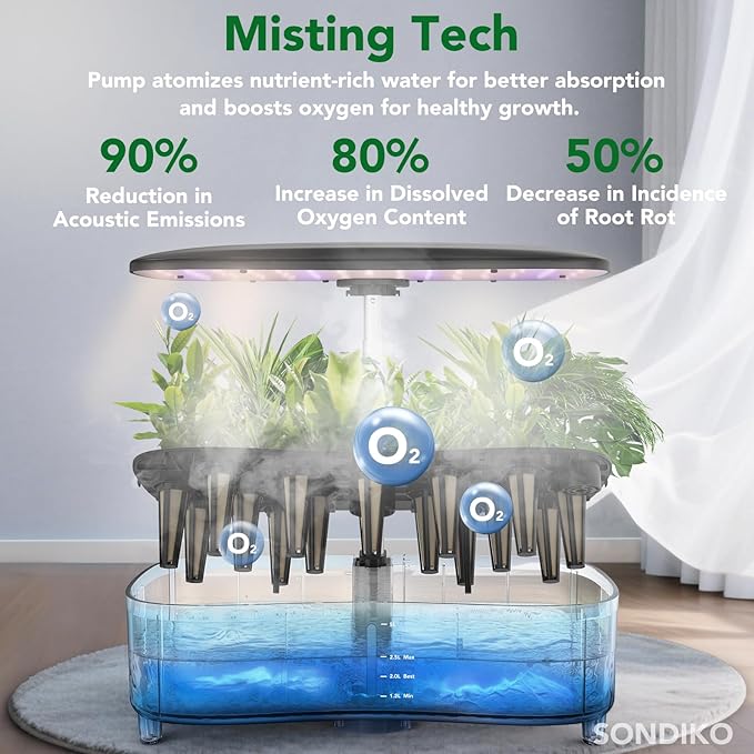 Sondiko Hydroponics Growing System Kit with Atomization Technology, Indoor Garden kit with 48W LED Grow Light, Quiet Water Pump, Automatic Timer, Height Adjustable, 5L Large Tank Plant Germination Kit