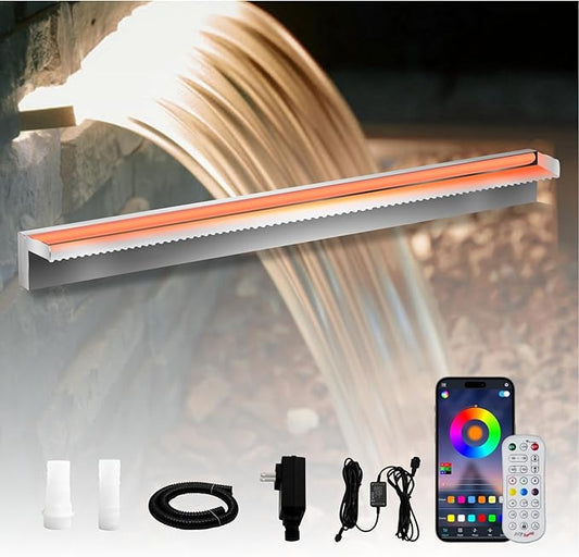 Pond Waterfall Spillway Stainless Steel Pool Fountain, APP Control LED Lighted Waterfalls Kit, Outdoor Water Flow Waterfalls Kit for Garden Patio Koi Pond Decoration-35.4"x7.8"x3.9"