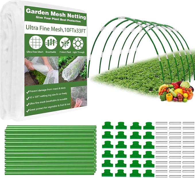 Garden Mesh Netting Kit, 10x33FT Ultra Fine Mesh Netting with 6 Sets Fiberglass Garden Hoops & 24 Clips for Raised Beds Vegetable Flowers Protection Barrier Plant Covers Net