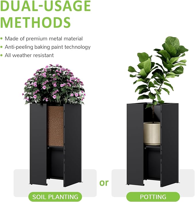 Set of 4 Planter Box Outdoor 30" H x 14.4" W x 13.6" D- Tall Planters for Outdoor Patio/Porch, All-Weather with Anti-Dumping Kit, Durable Galvanized Steel, Modern Design for Plants, Flower