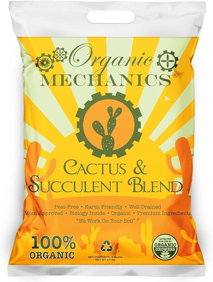 Organic Mechanics Cactus and Succulent Blend Potting Soil, 8 qt – Well-Drained Organic Mix that Enhances Plant and Root Growth with Biochar, Rice Hulls, and Worm Castings - Peat-Free & Eco-Friendly