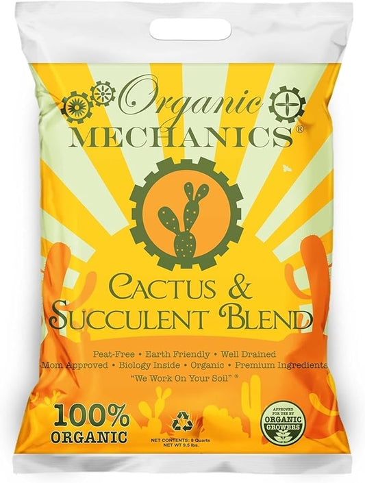 Organic Mechanics Cactus and Succulent Blend Potting Soil, 8 qt – Well-Drained Organic Mix that Enhances Plant and Root Growth with Biochar, Rice Hulls, and Worm Castings - Peat-Free & Eco-Friendly