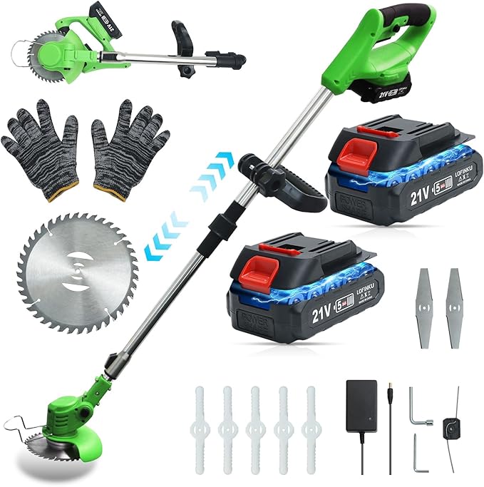 Cordless Weed Wacker,Electric Weed Eater,2 Batteries,Grass Trimmer Cordless,Lightweight and Foldable Design,Weed Erimmer, Green